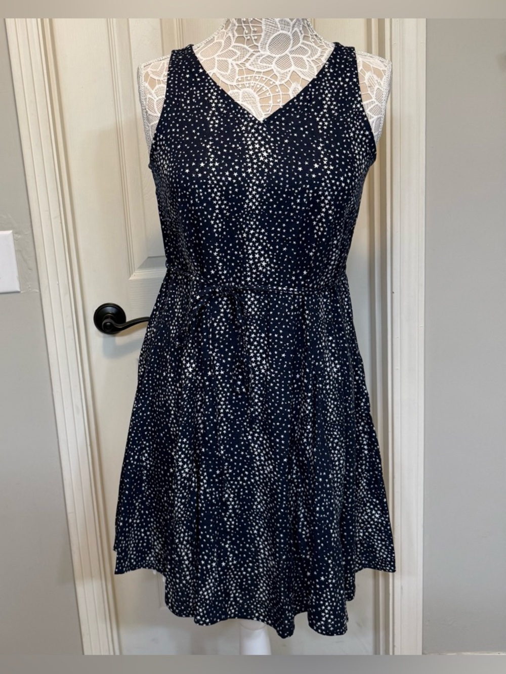 LOFT Navy and White Star Print V-Neck Mini Dress